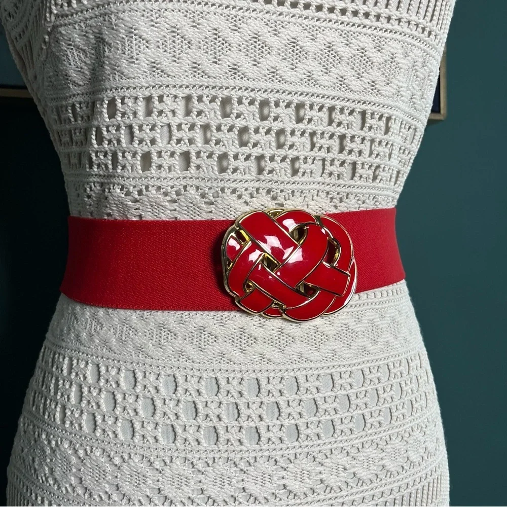 Red Elastic Waist Belt with Gold Knot Buckle